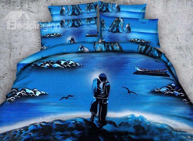 Stunning 3d Sweet Lovers Print Blue 5-piece Comforter Sets