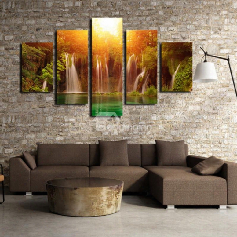 Sunshine And Waterfall 5-piece Canvas Non-framed Wall Prints