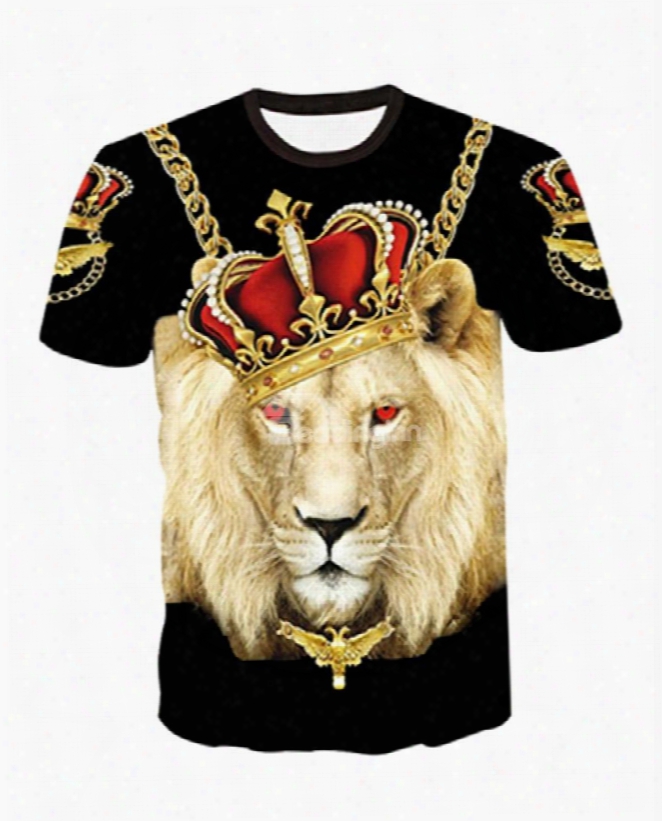 Super Cool Round Neck Lion King Pattern Black 3d Painted T-shirt