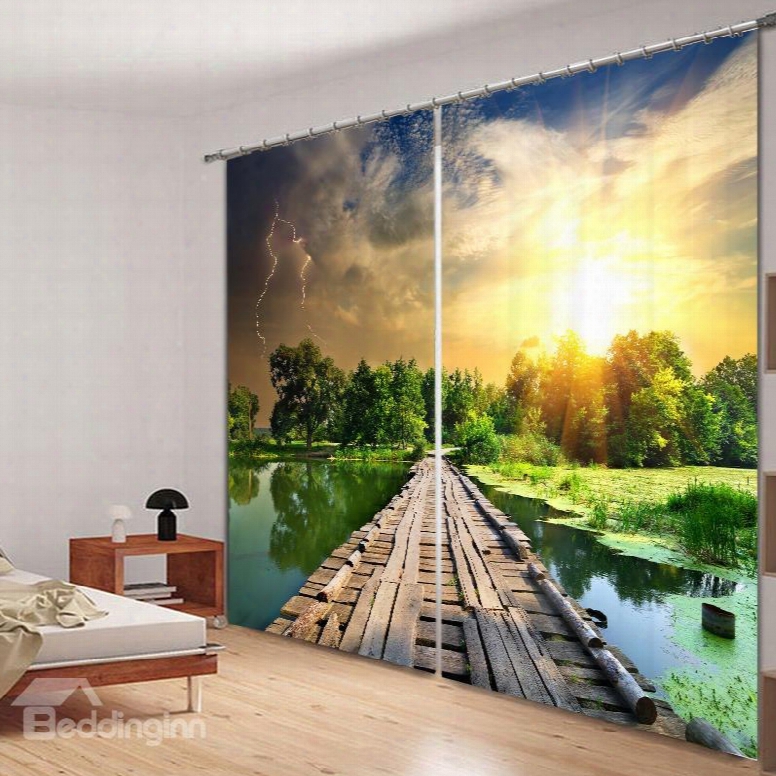 The Wooden Bridge On The Lake 3d Printed Polyester Curtain