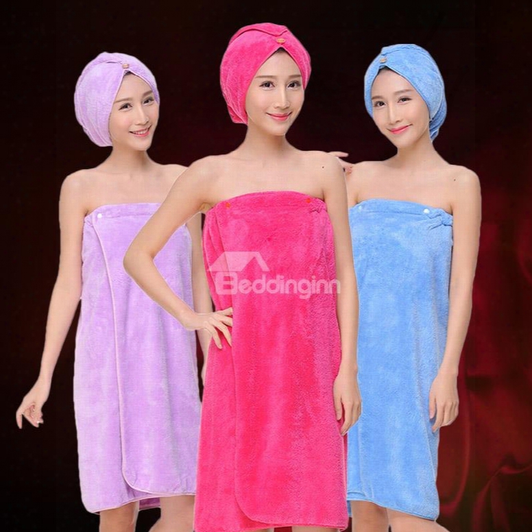 Three Colors Pure Cotton Bath Towel Wrap Set For Ladies