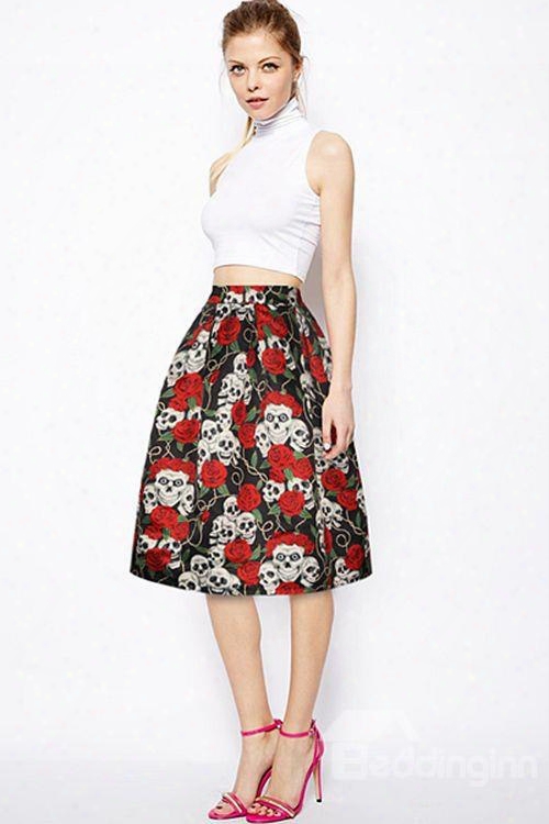 Unique Skull And Red Rose Pattern 3d Painted Midi Skirt