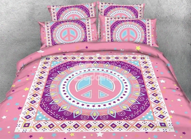 Vintage Style Digital Printing Pink 5-piece Comforter Sets