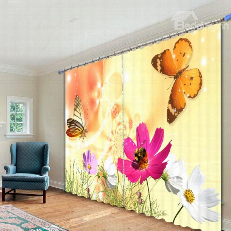 Vivid Butterfly And Pink Flowers Printed 3d Curtain