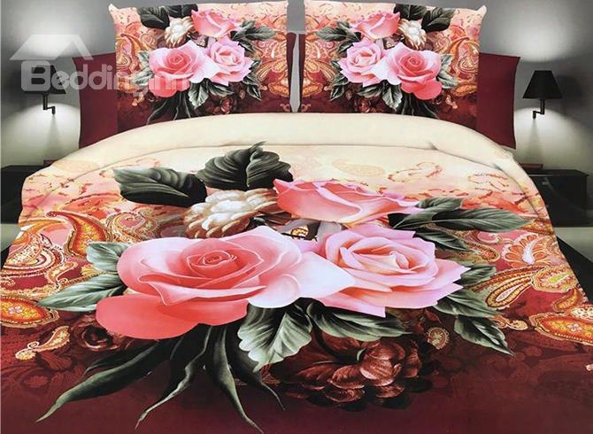 Vivid Pink Roses Print 4-piece Polyester Duvet Cover