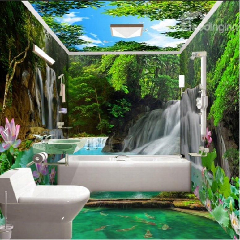Vivid Waterfalls In The Lush Forest Scenery Pat Tern Waterproof 3d Bathroom Wall Murals