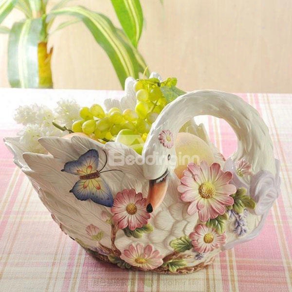 White Ceramic Flower Pattern Swan Fruit Compote Painted Pottery