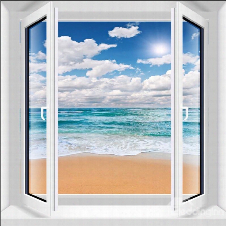 White Cloud And Blue Sea Window Scenery 3d Wall Stickers