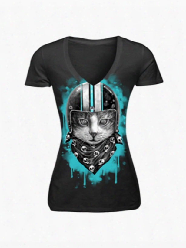 White Skull With Headpiece And Cat Heads Polyester V-neck Female 3d T-shirts