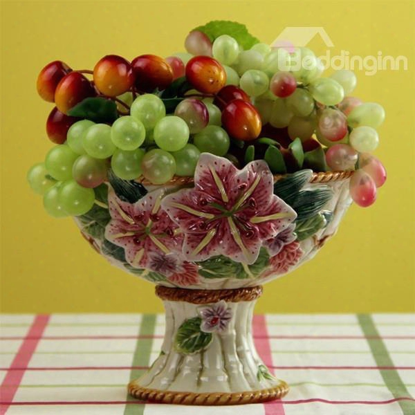 Wonderful Ceramic Lily Pattern Fruit Compote Painted Pottery