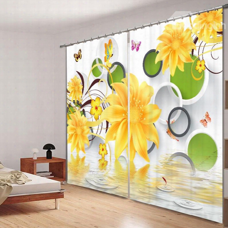 Yellow Flowers And Colored Butterflies 3d Printed Polyester Curtain