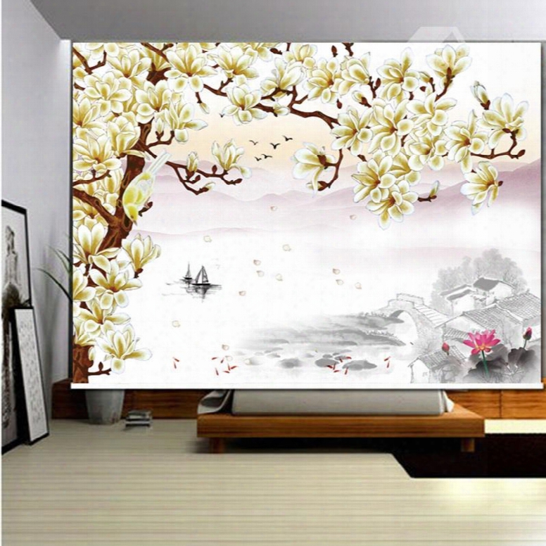 3d Beige Magnolia And Lotus Printed Vintage Style Blackout Roller Shades