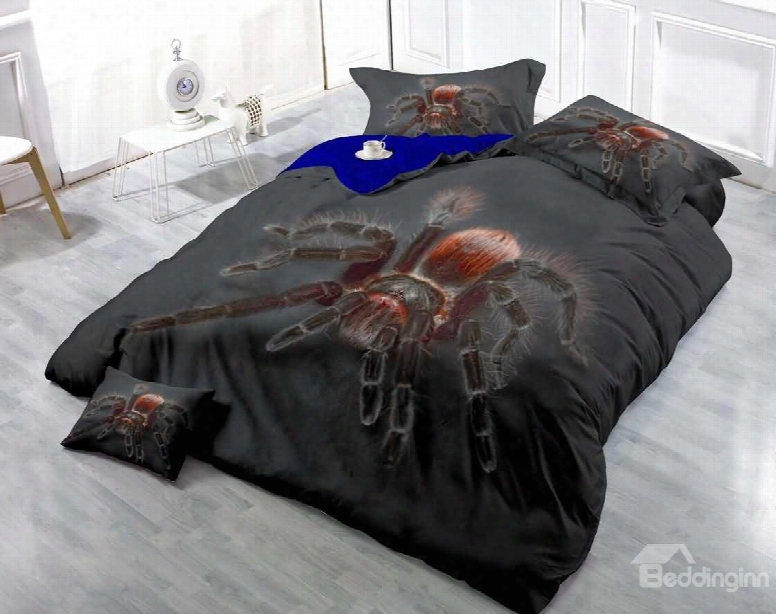 3d Big Spider Printed Luxury Cotton 4-piece Black Bedding Sets/ Duvet Cover