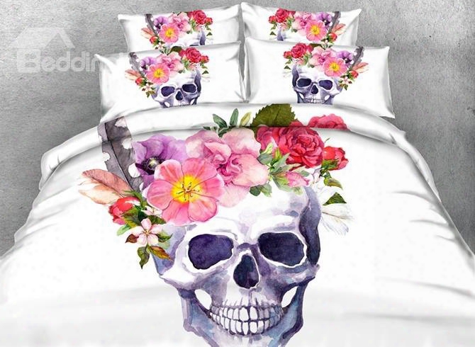 3d Blooming Flowers And Skull Printed Cotton 4-piece White Bedding Sets/duvet Covers