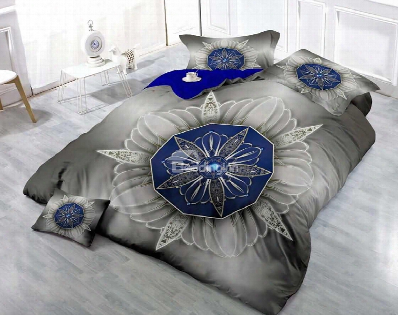 3d Blue Flowers Printed Luxury Cotton 4-piece Bedding Sets/duvet Cover