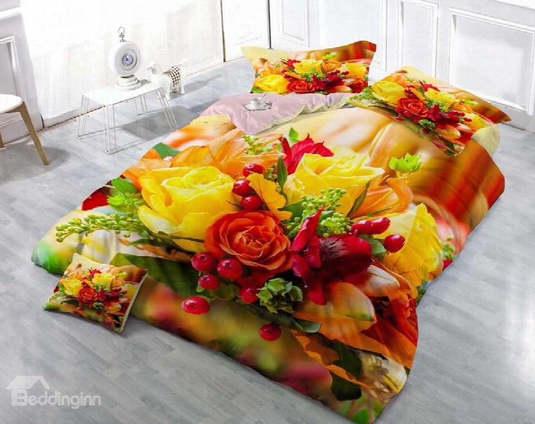 3d Bouquet Red And Yellow Roses Printed Cotton 4-piece Luxury Bedding Sets