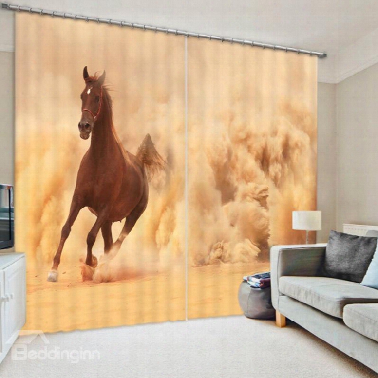 3d Brown Horse Running In The Sand Printed Animal Scenery Blackout Curtain