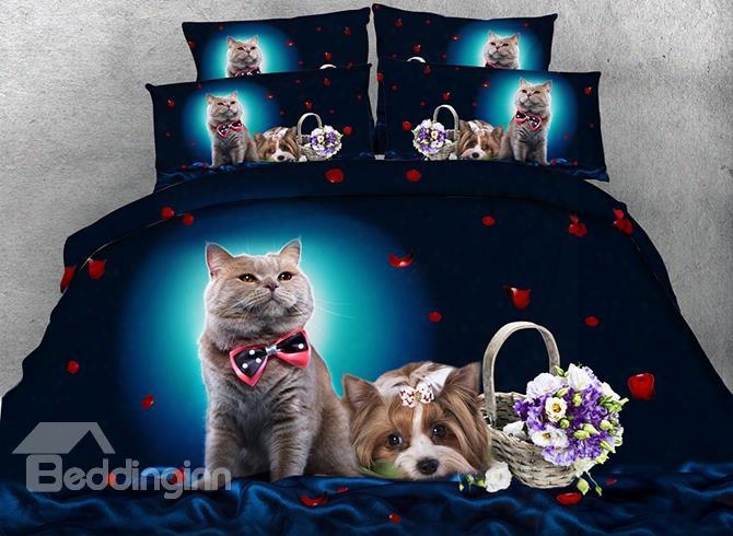 3d Cat And Dog Printed Cotton 4-piece Bedding Sets/duvet Covers