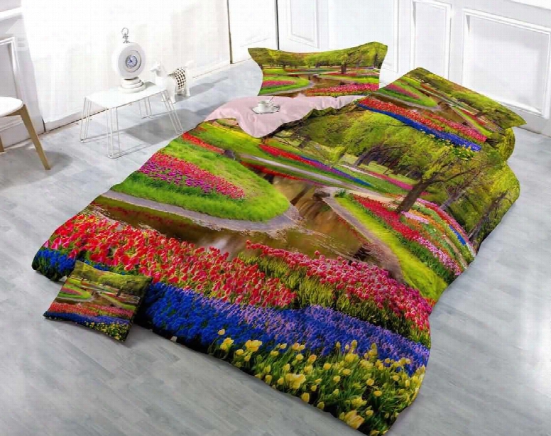 3d Colorful Flowers And Green Tree Printed Luxury Cotton 4-piece Bedding Sets