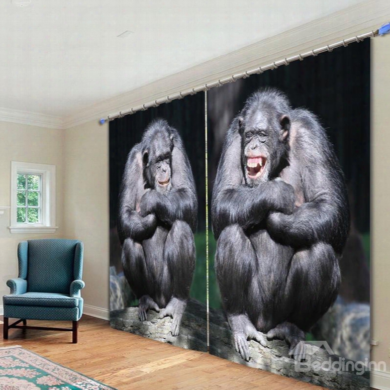 3d Couple Gorilla Laughing Printed Thick Polyester Living Room Decorative And Shading Curtain