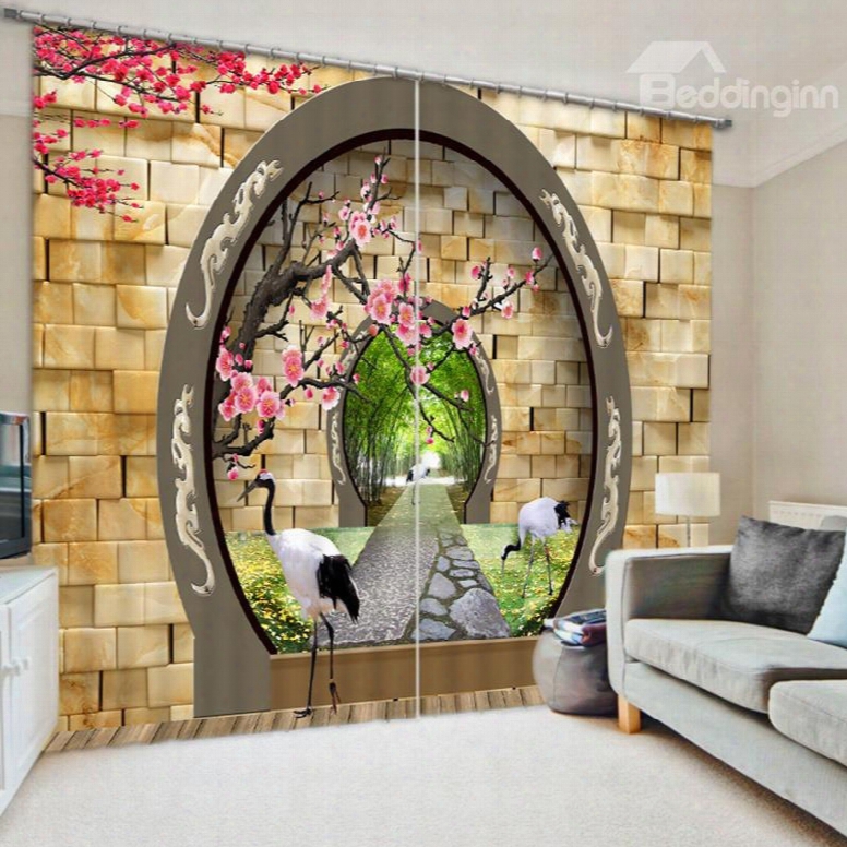 3d Cranes And Peach Branches With Arched Door Priinted Artistic Pattern Study Room Curtain