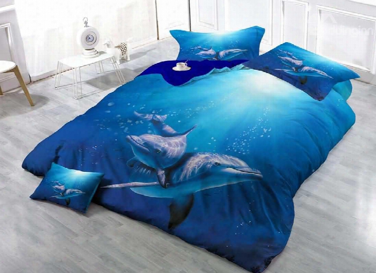3d Dllphin Printed Blue Cotton 4-piece Bedding Sets/duvet Covers