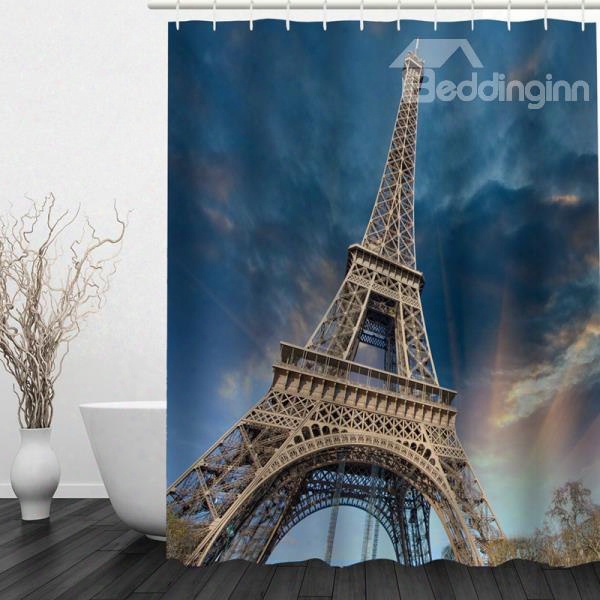 3d Eiffel Tower Printed Ssky Blue Bathroom Shower Curtain