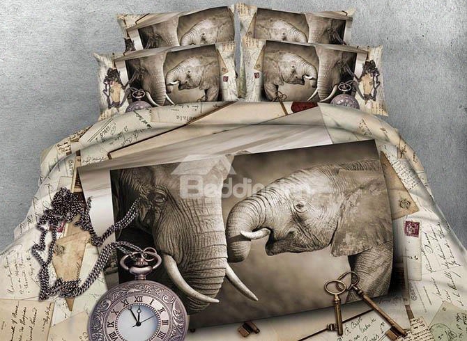 3d Elephant Mother And Baby Printed Retro Style 5-piece Comforted Sets