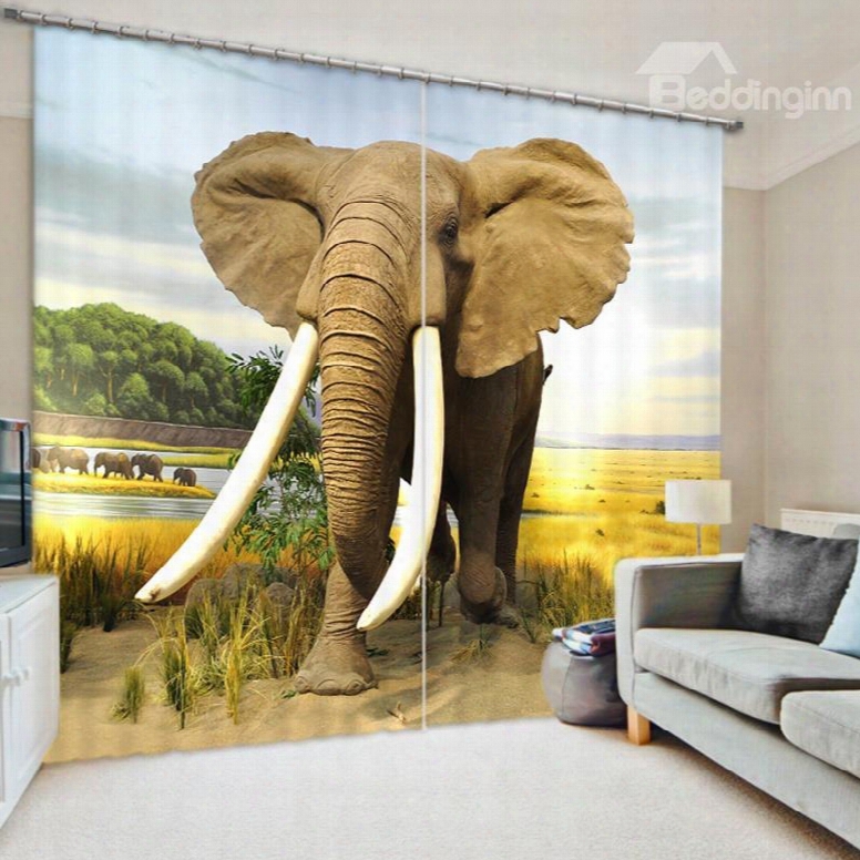 3d Elephant Printed Vivid Scenery Thick Polyester Living Room And Bedroom Curtain