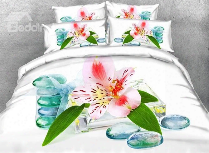 3d Exquisite Lily Printed 5-piece White Comforter Sets