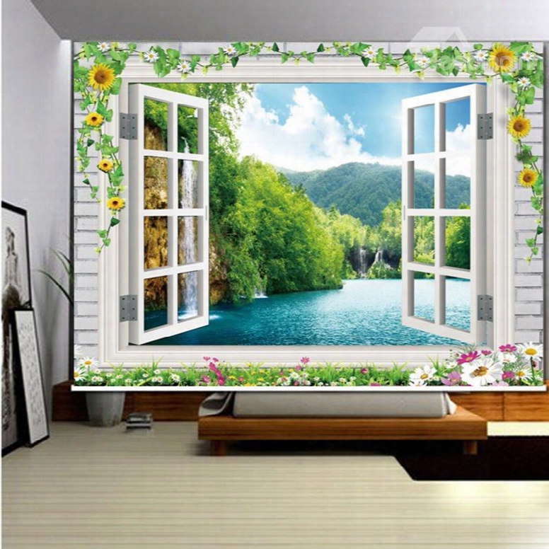 3d Green Trees And Peaceful Lake Out Of Window Natural Style Printed Roller Shade