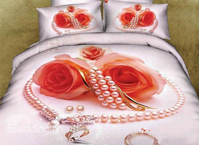 3d Heart-shaped Pearl Necklace And Rose Printed Cotton 4-piece Bedding Sets/duvet Covers