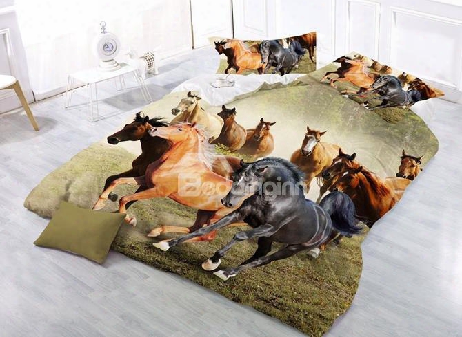 3d Lifelike Running Horses Print 4-piece Polyester Duvet Cover Sets