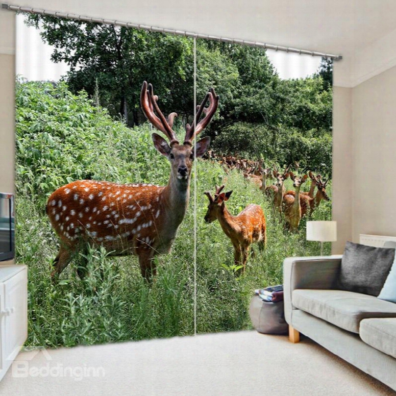 3d Lovely Deer Forward The Grassland Printed Thick Polyester Bedroom Shading Curtain
