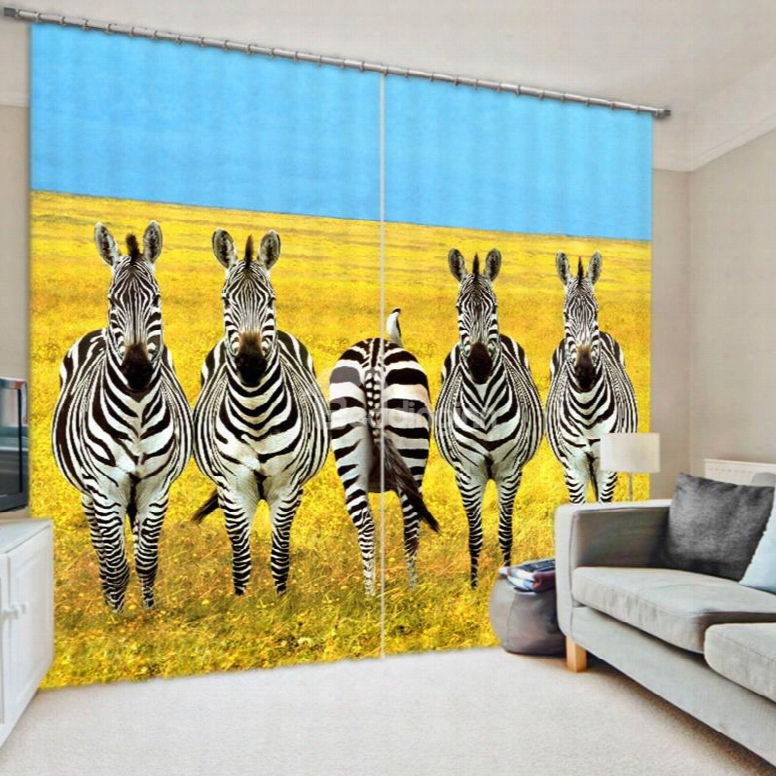 3d Lovely Zebras On Yellow Grassland Printed 2 Pieces Living Room And Bedroom Polyester Curtain