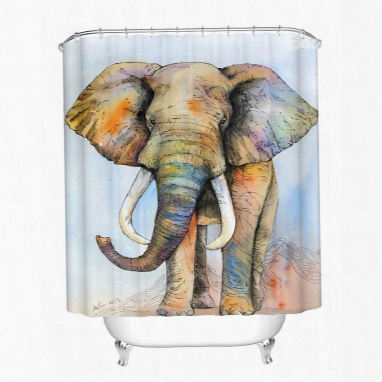3d Mouldproof Colorful Elephant Printed Polyester Blue Bathroom Shower Curtain