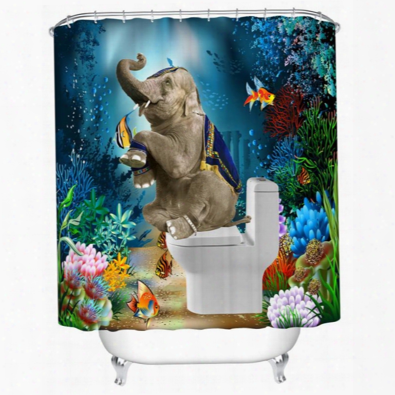 3d Mouldproof Elephant On The Toilet In Sea Printed Polyester Bathroom Shower Curtain