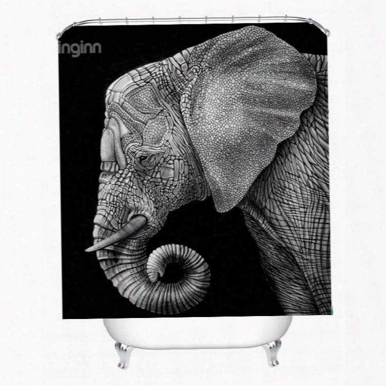 3d Mouldproof Gray Elephant Head Printed Polyester Bathroom Shower Curtain