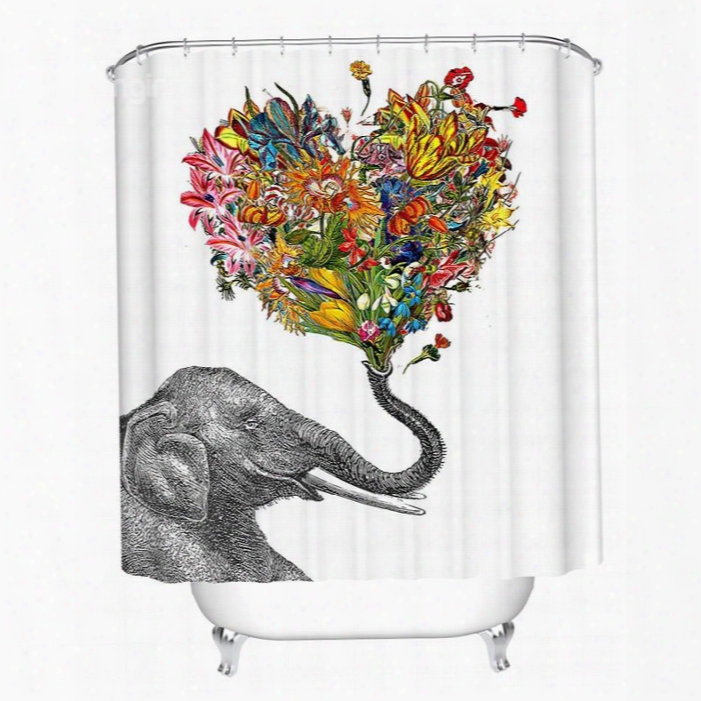 3d Mouldproof Heart Shape Flower And Elephant Printe D Polyester Bathroom Shower Curtain