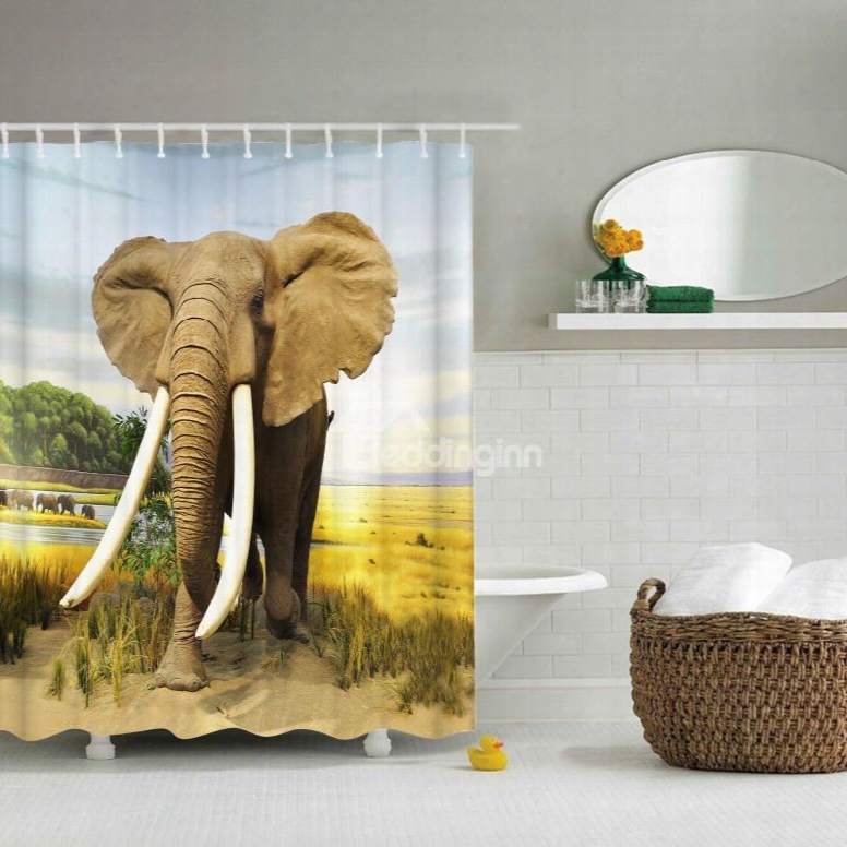 3d Mouldproof Moving Elephant Printed Polyester Yellow Bathroom Shower Curtain