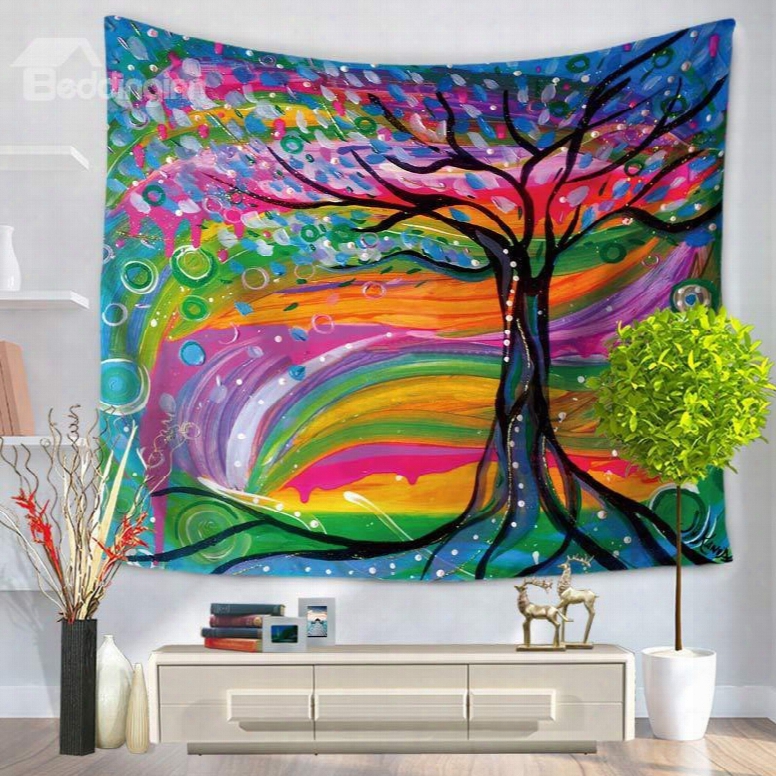 3d Oil Painting Colorful Stripes And Black Tree Prints Hanging Wall Tapestry