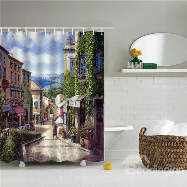 3d Oil Painting Quiet City Printed Polyester Bathroom Shower Curtain