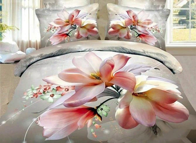 3d Pink Magnolia Printed Cotton 4-piece Bedding Sets/duvet Cover