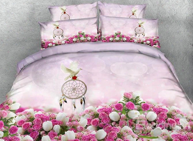 3d Pink Rose And Dream Catcher Printed 5-piece Comforter Sets