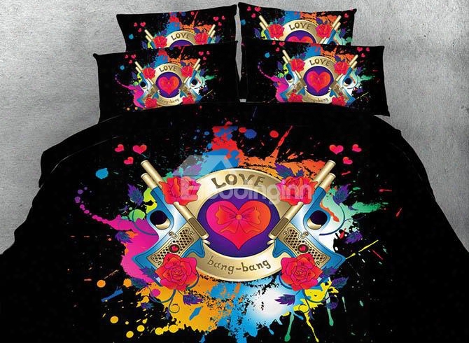 3d Pistol And Red Heart Printed 4-piece Black Bedding Sets/duvet Covers