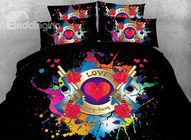 3 Pistol And Red Heart Printed 5-piece Black Comforter Sets