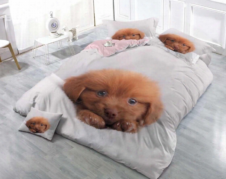 3d Puppy Printed Cotton 4-piece Voluptuousness White Bedding Sets/duvet Covers