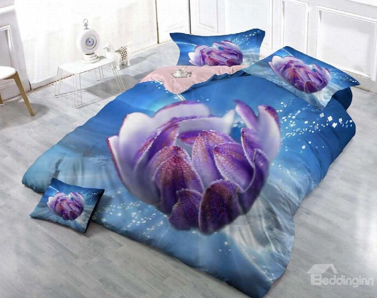 3d Purple Bud And Blue Sky Printed Cotton 4-piece Bedding Sets/duvet Cover