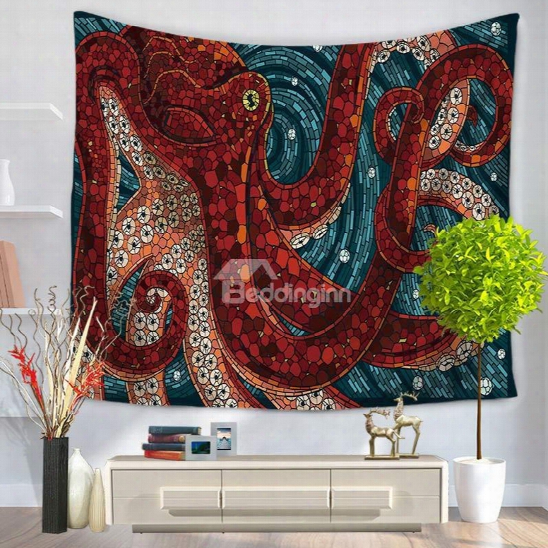 3d Red Octopus And Deep Blue Whirlpool Printed Hanging Wall Tapestry