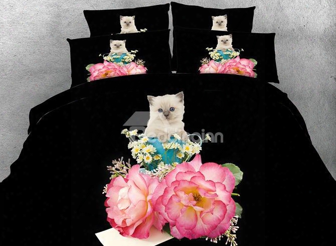 3d Red Peony And Kitten Printed Cotton 4-piece Black Bedding Sets/duvet Covers